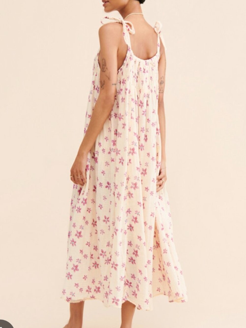 Free People Azure Midi Dress Floral Smocked Cotton Tie Strap Boho Sundress M - Picture 6 of 14